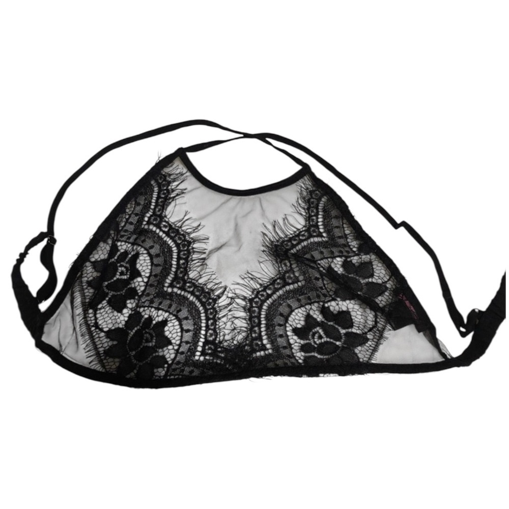 BeMine NYC Black Sheer Lace Halter Bralette - Floral Eyelash Lace - Size Large